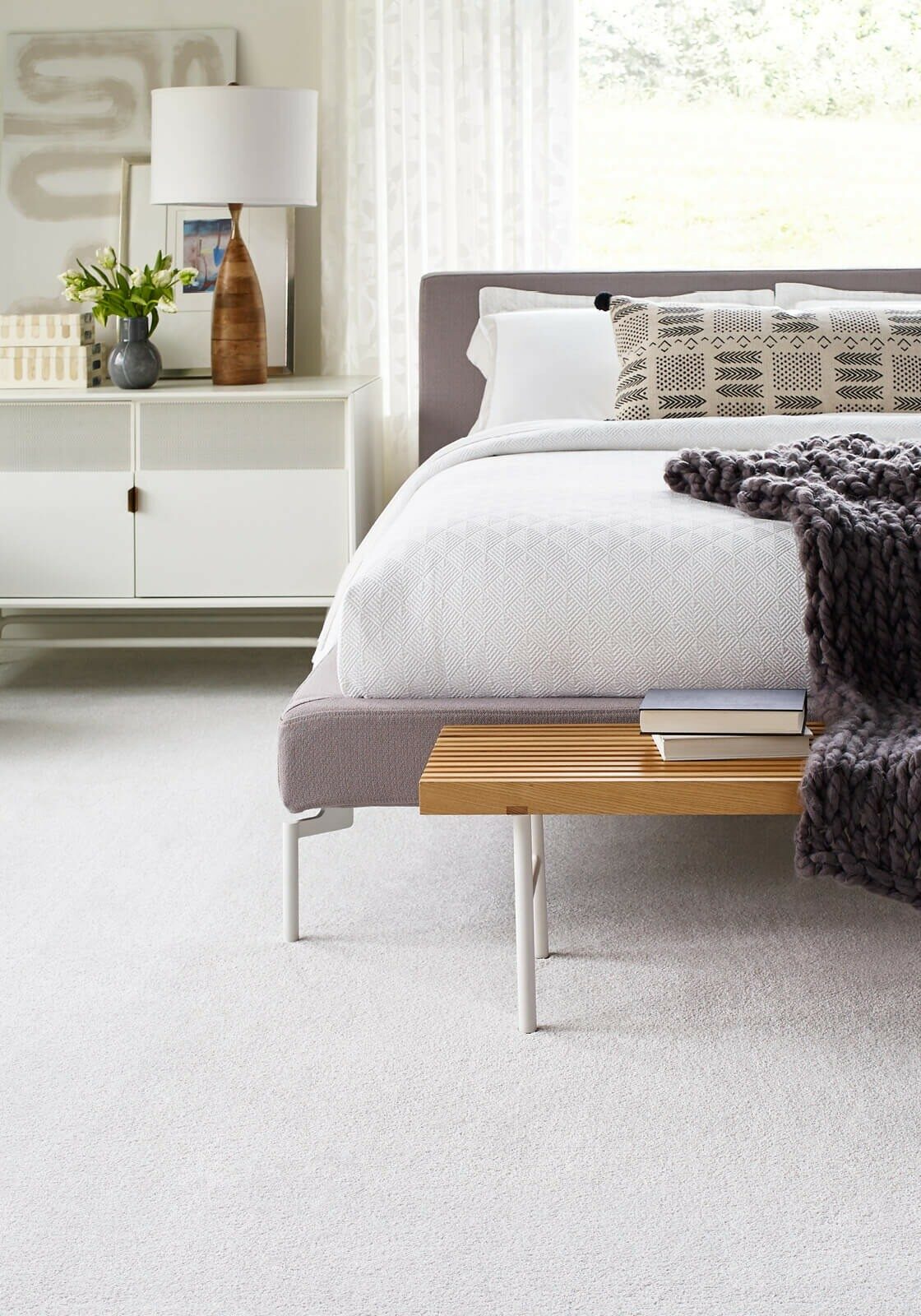 Bedroom white carpet flooring | Howmar Carpet Inc
